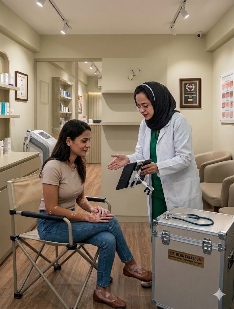 Dermatologist explaining suction blister grafting for vitiligo treatment to patient in clinic