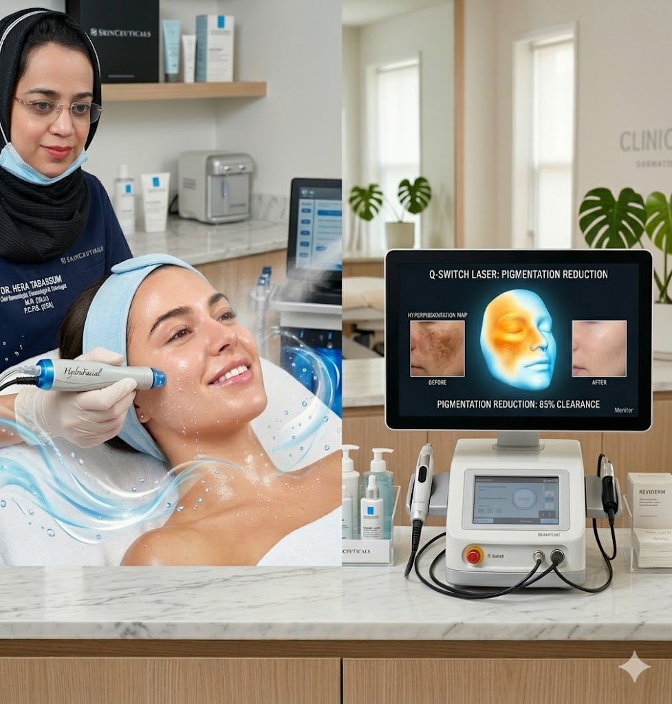HydraFacial vs Q-Switch laser comparison showing glow and pigmentation treatment difference
