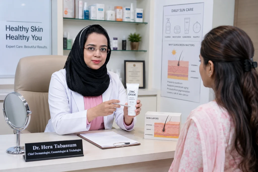 Dermatologist explaining zinc oxide skincare benefits during skin consultation