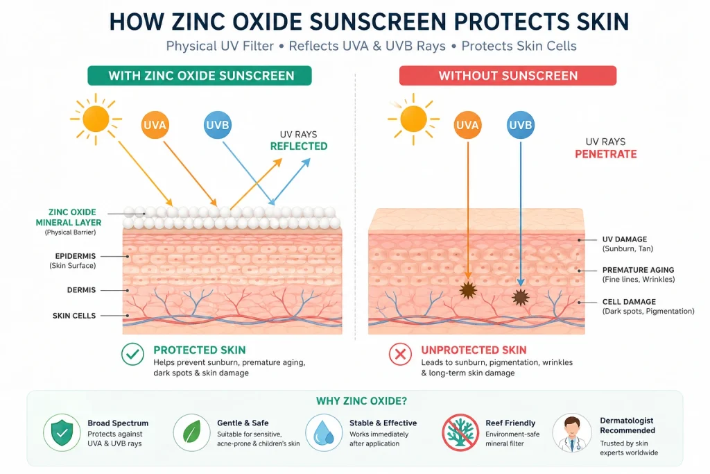 Diagram showing how zinc oxide sunscreen protects skin from harmful UV rays
