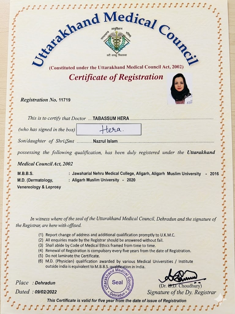 Dr Hera Tabassum Uttarakhand Medical Council Registration Certificate