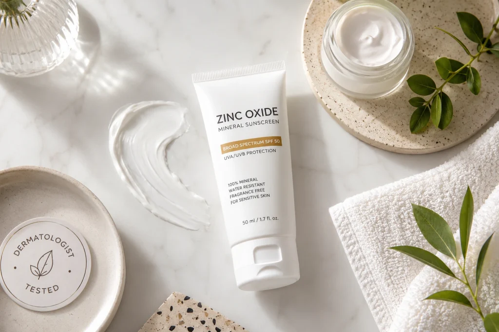 Zinc oxide mineral sunscreen and skincare products for healthy skin protection