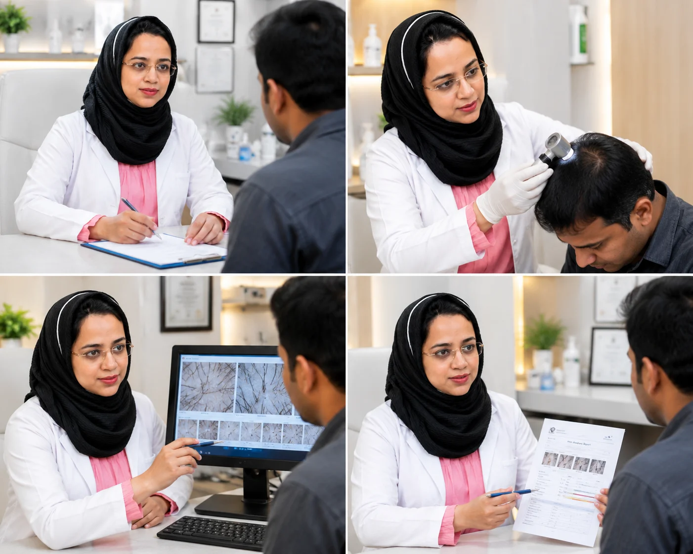 Hair consultation with Dr Hera Tabassum examining a patient's scalp and explaining the diagnosis in Roorkee