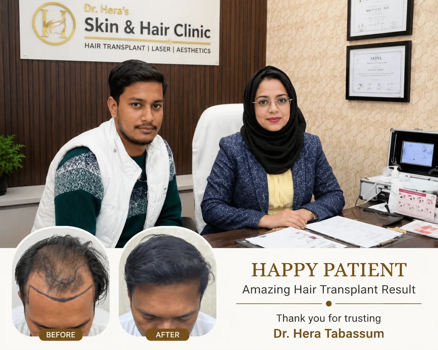 Happy hair transplant patient with Dr Hera Tabassum at Dr Hera Skin and Hair Clinic in Roorkee