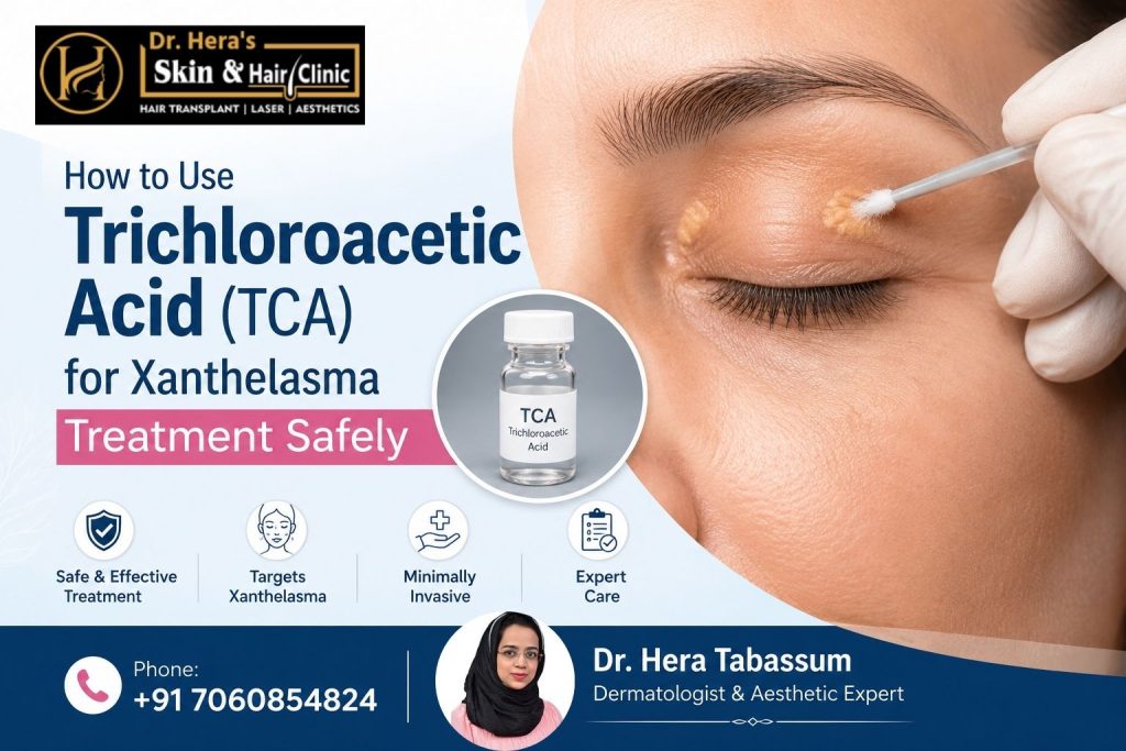 Dermatologist performing Trichloroacetic Acid (TCA) treatment for xanthelasma cholesterol deposits around the eyelids