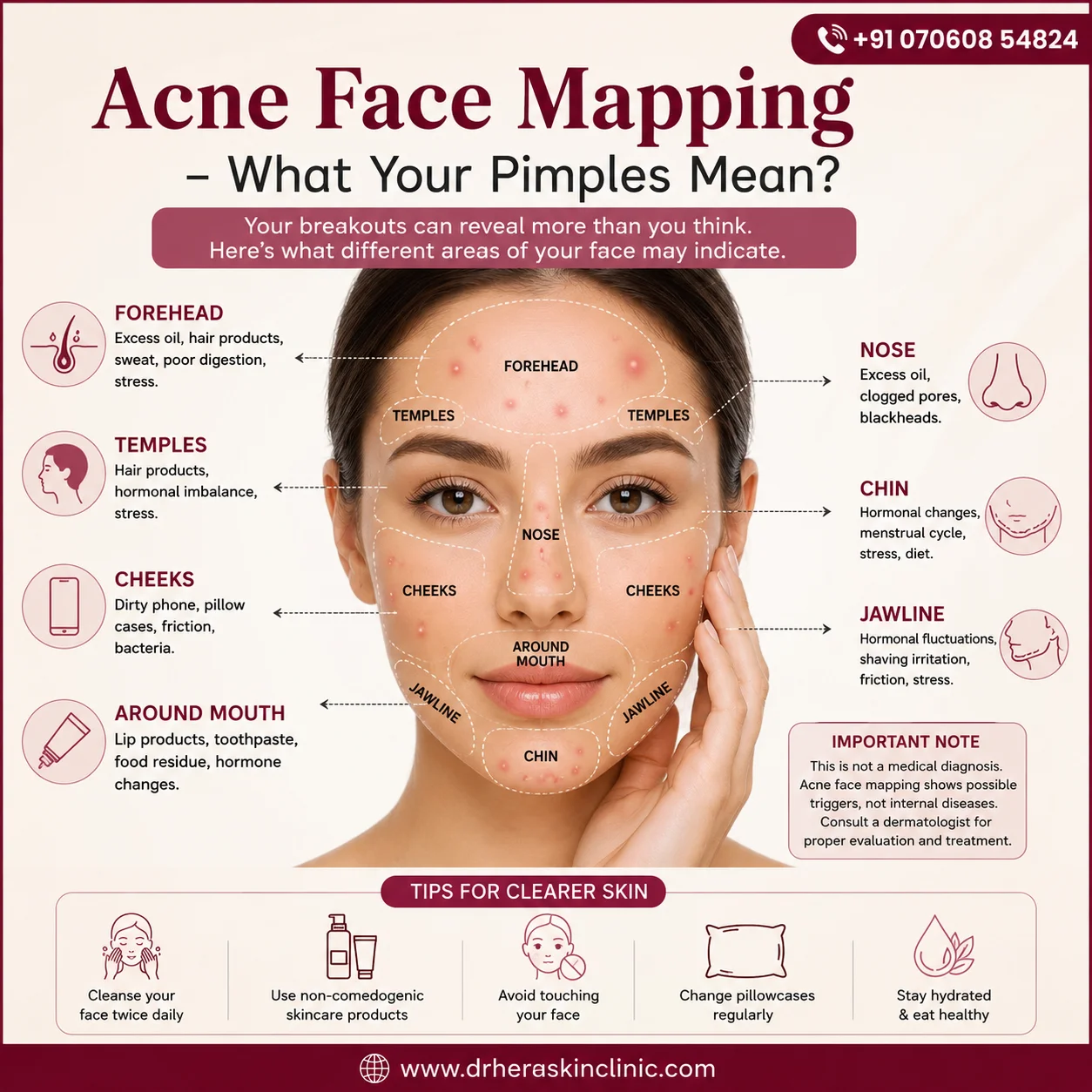 Acne Face Mapping guide showing what pimples on the forehead, cheeks, nose, chin, jawline, and around the mouth may indicate with skincare tips by Dr Hera Skin Clinic.