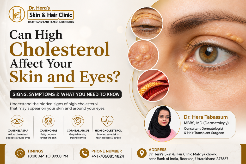 Dr. Hera Tabassum explaining the signs and symptoms of high cholesterol affecting the skin and eyes, including xanthelasma, xanthomas, and corneal arcus.