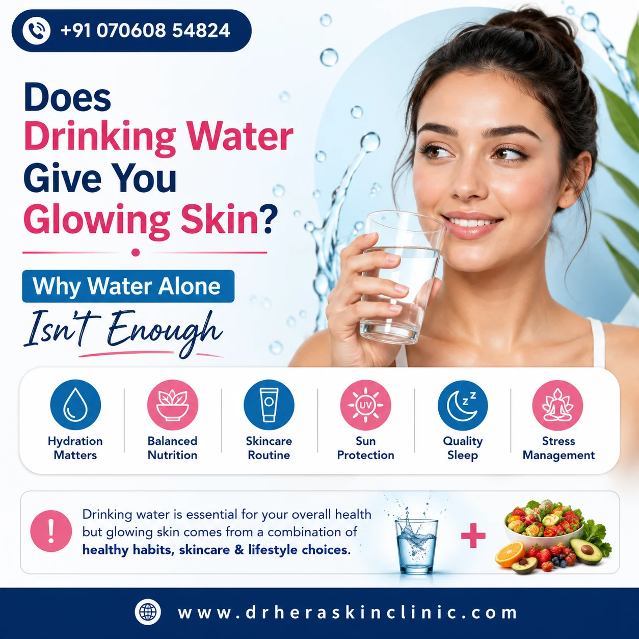 Does drinking water give you glowing skin? Illustration showing that hydration supports healthy skin, but glowing skin also depends on skincare, nutrition, sleep, and sun protection.