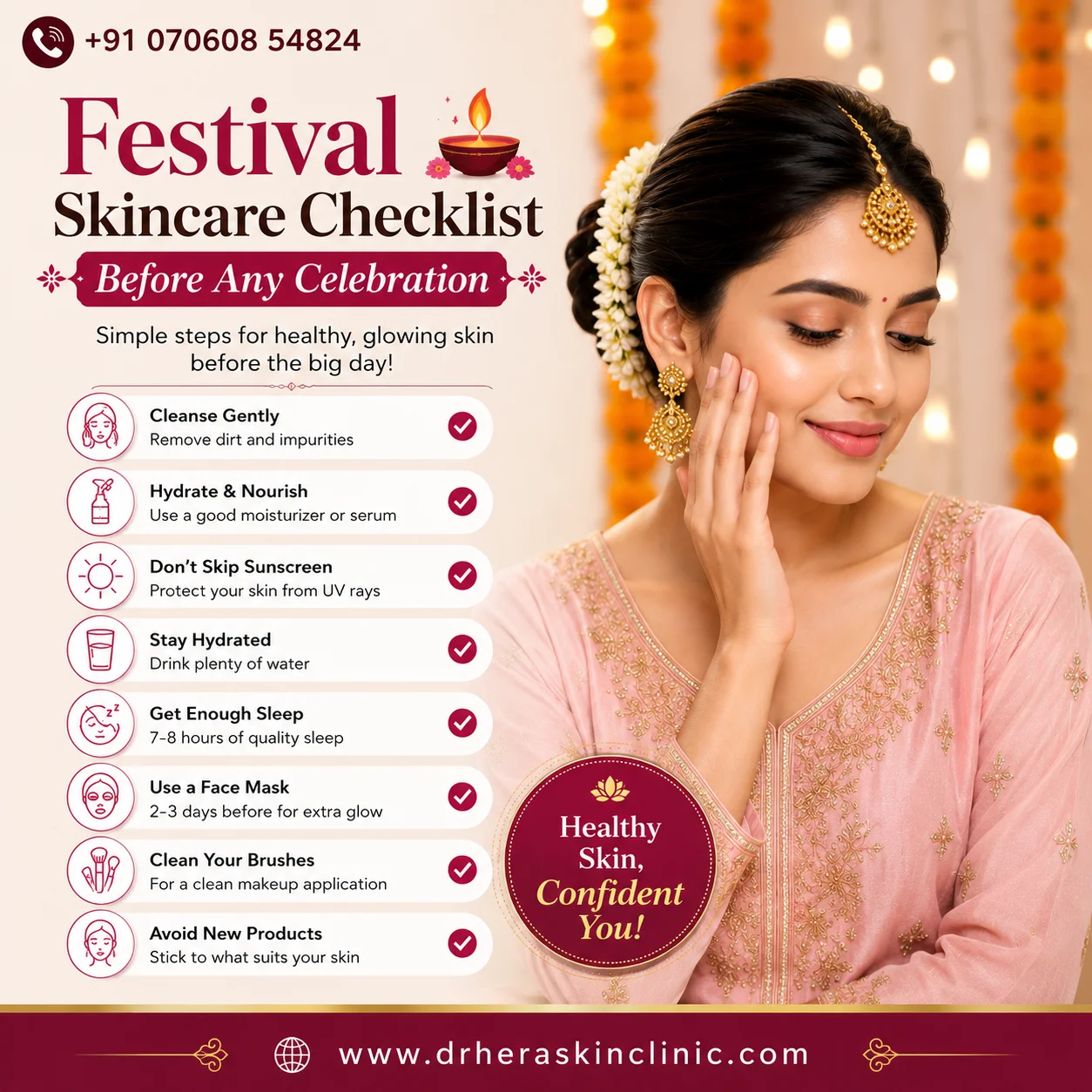 Festival Skincare Checklist Before Any Celebration infographic showing essential skincare tips for healthy, glowing skin with Dr. Hera Skin Clinic contact number and website.