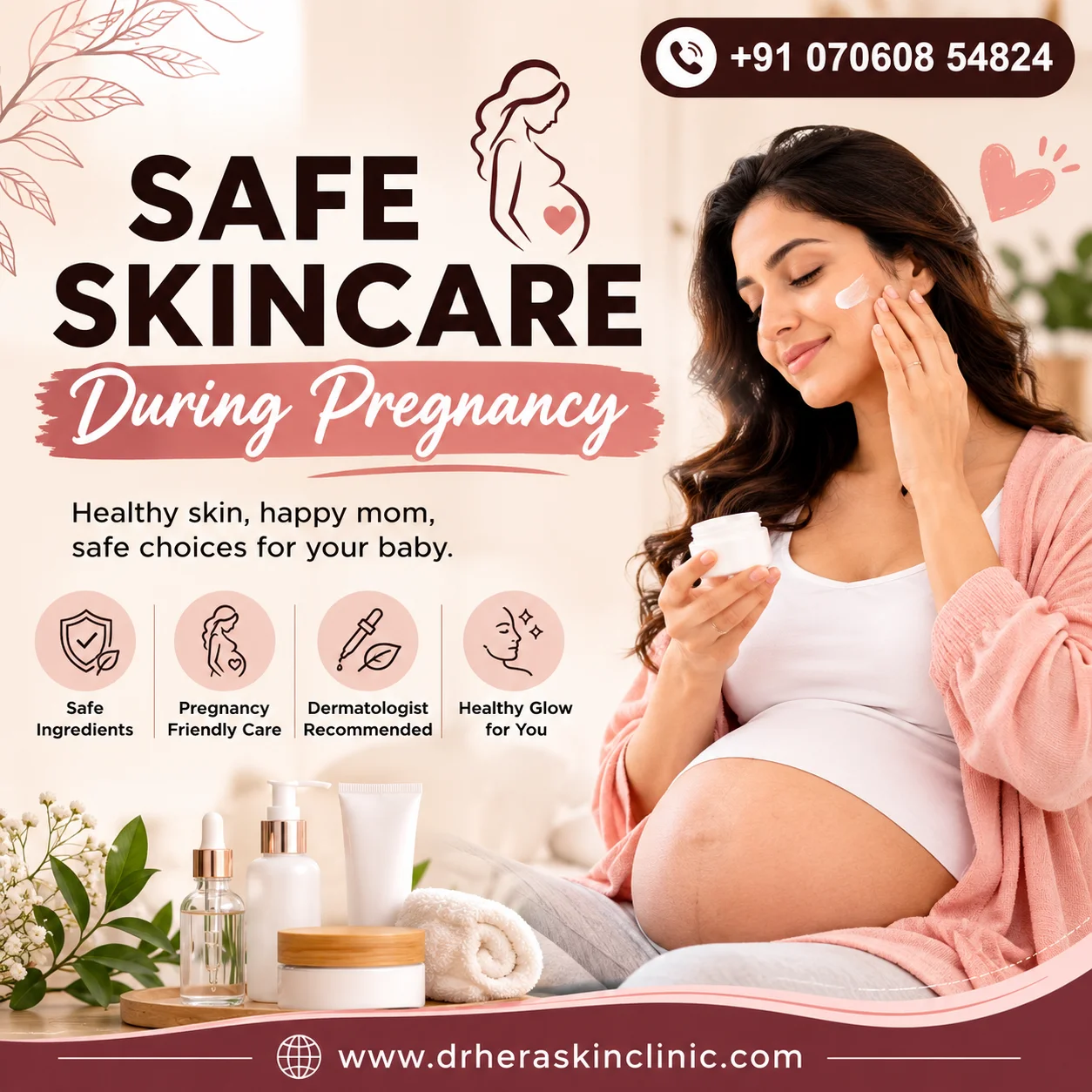 Safe Skincare During Pregnancy guide showing a pregnant woman following a pregnancy-safe skincare routine with dermatologist-approved skincare products.