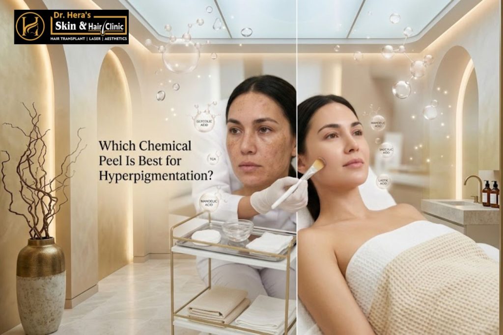 Dermatologist performing a chemical peel treatment to reduce hyperpigmentation, melasma, acne marks, and uneven skin tone.