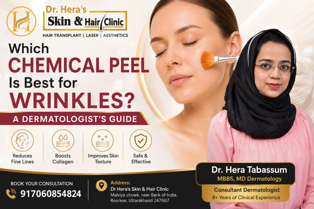 Dr. Hera Tabassum explaining the best chemical peel for wrinkles, fine lines, and skin rejuvenation with expert dermatologist guidance.