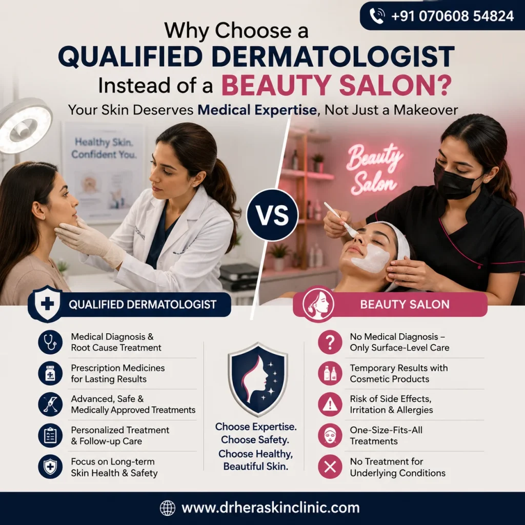 Qualified dermatologist examining a patient's skin compared with a beauty salon facial, highlighting why choosing a dermatologist instead of a beauty salon is safer for skin health.