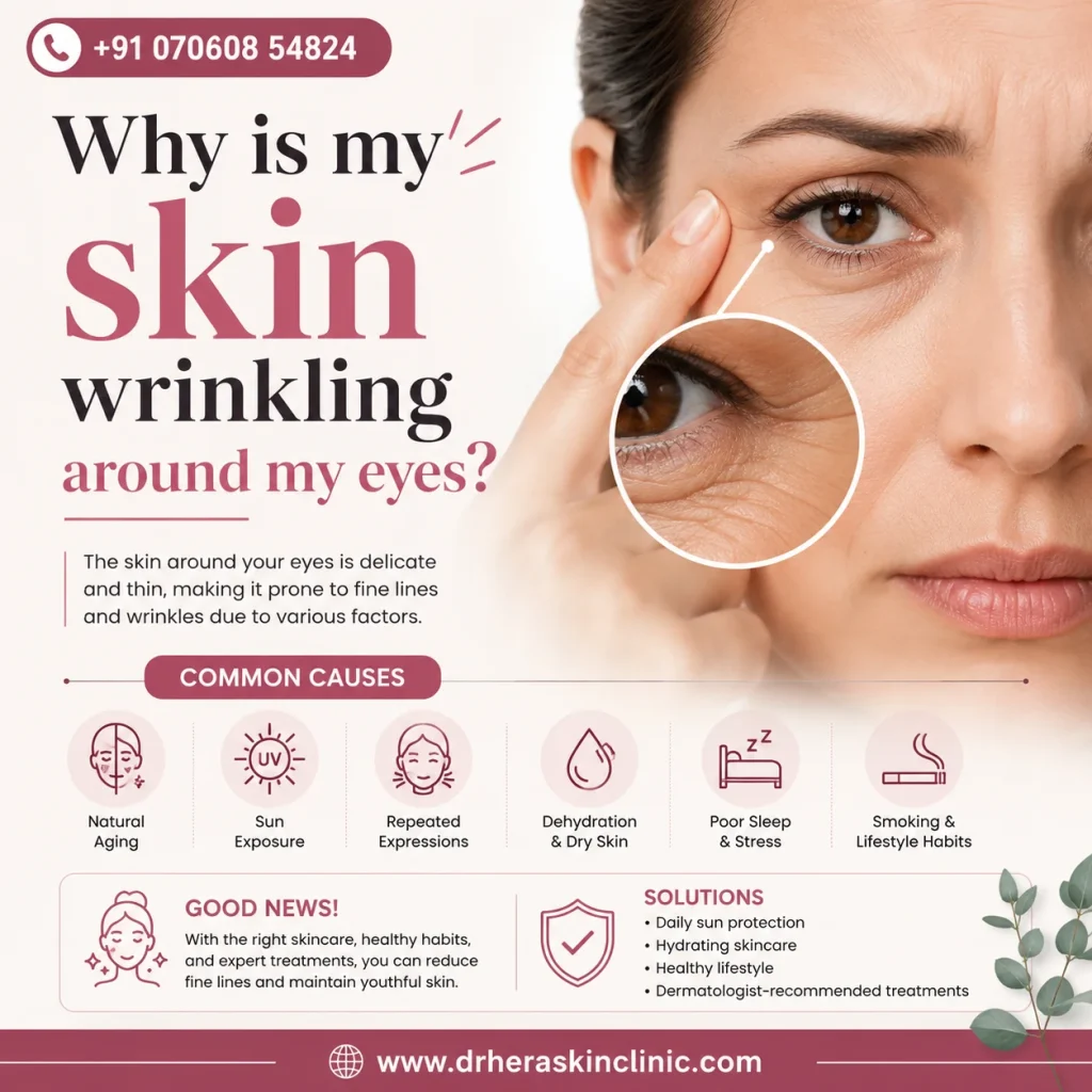 Illustration explaining why skin wrinkling around eyes occurs, showing fine lines, common causes like aging and sun exposure, and skincare solutions.